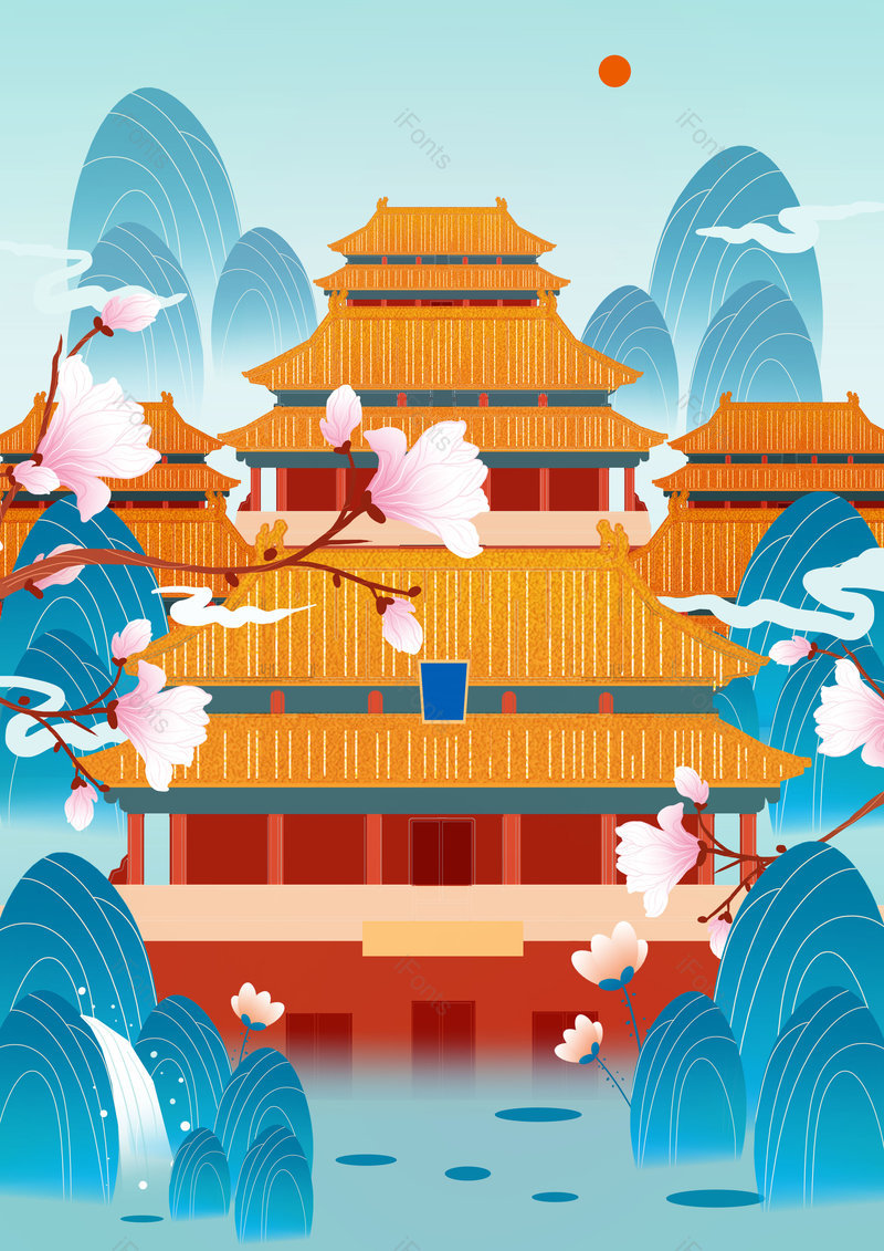 中国风国潮手绘建筑景点背景设计,插画/手绘图,插画/手绘图库,插画/手绘图下载,插画/手绘